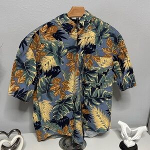 Hawaiian Tropical Leaf Print Men's Casual Shirt - Blue, Green, Gold